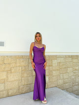 Long purple satin corset dress