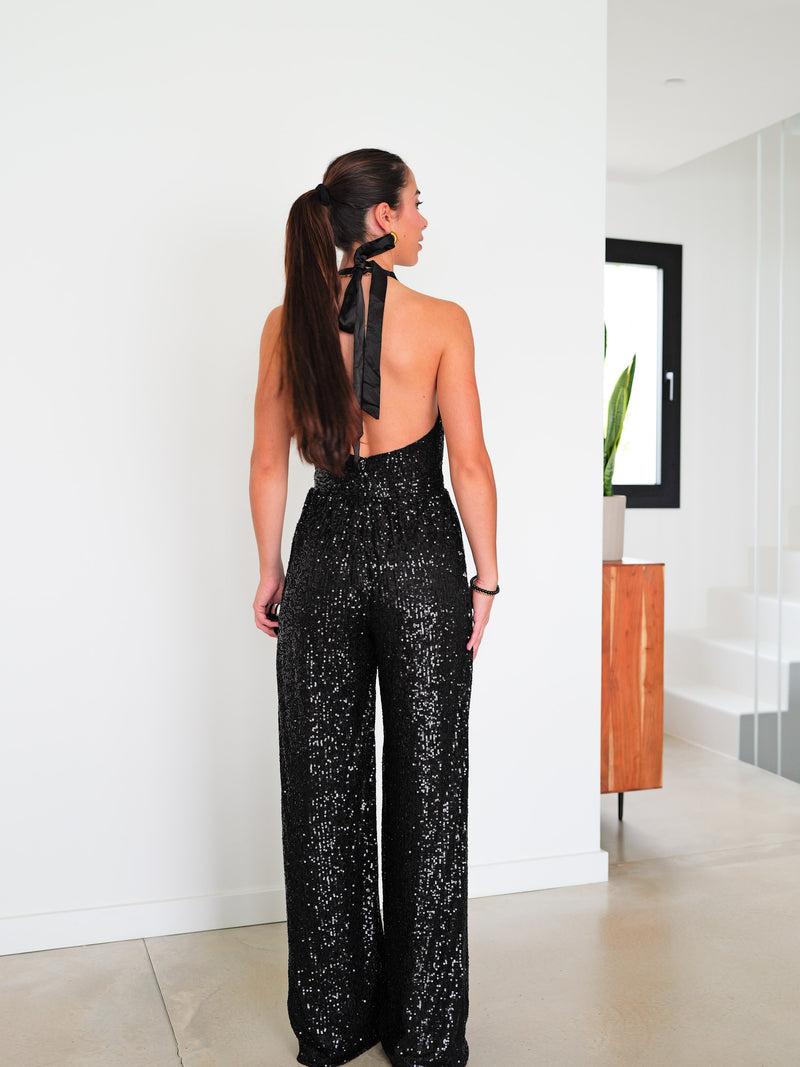 Black bow back glitter jumpsuit