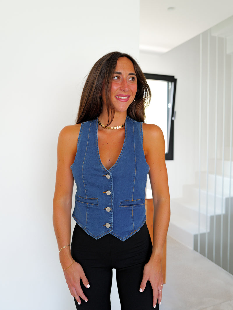 Blue denim button vest