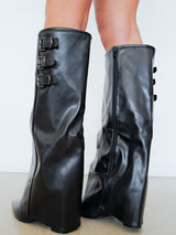 Black three buckle heel boot