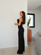 Long black feather jumpsuit