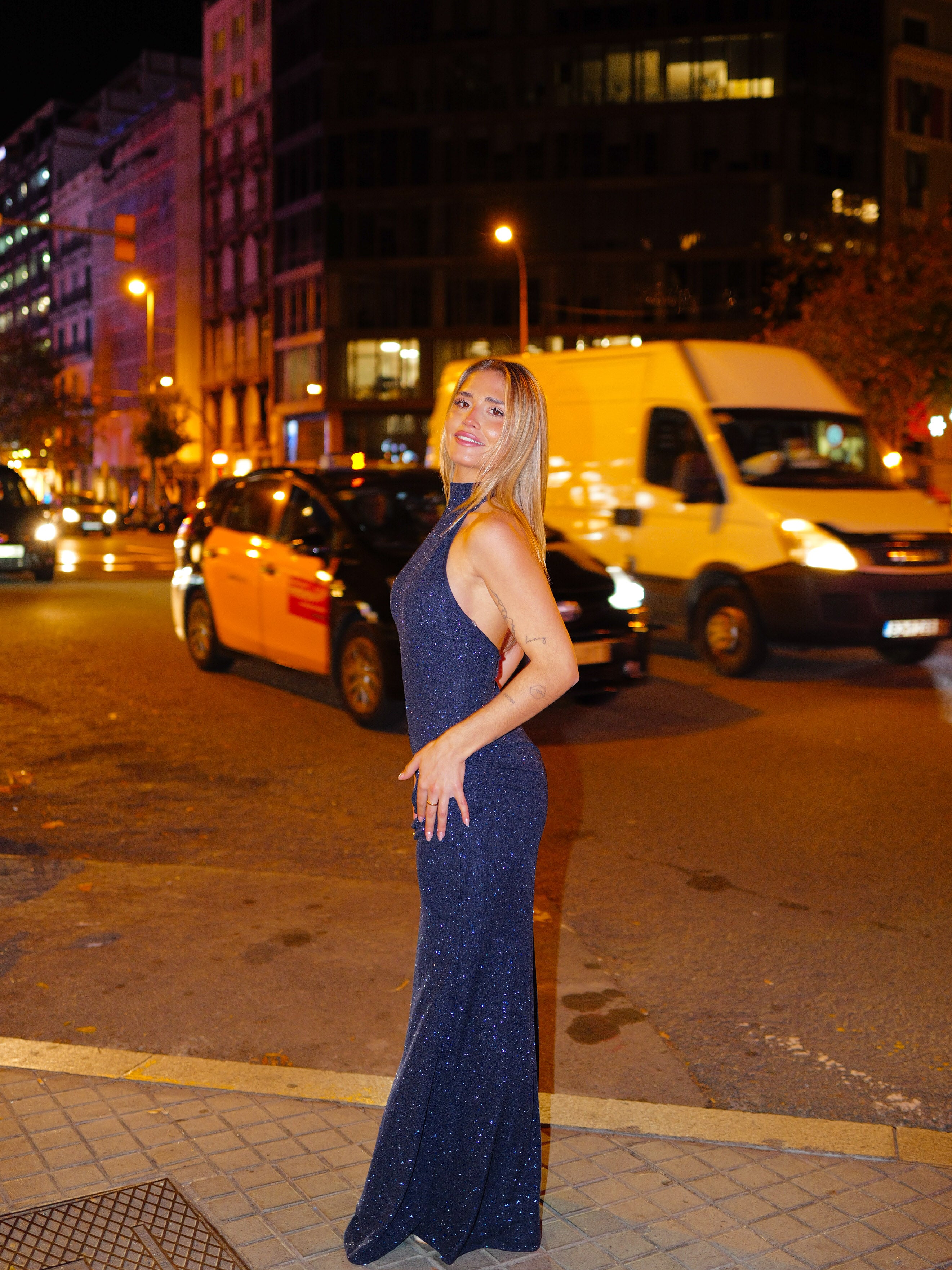 Navy lurex dress with hip details