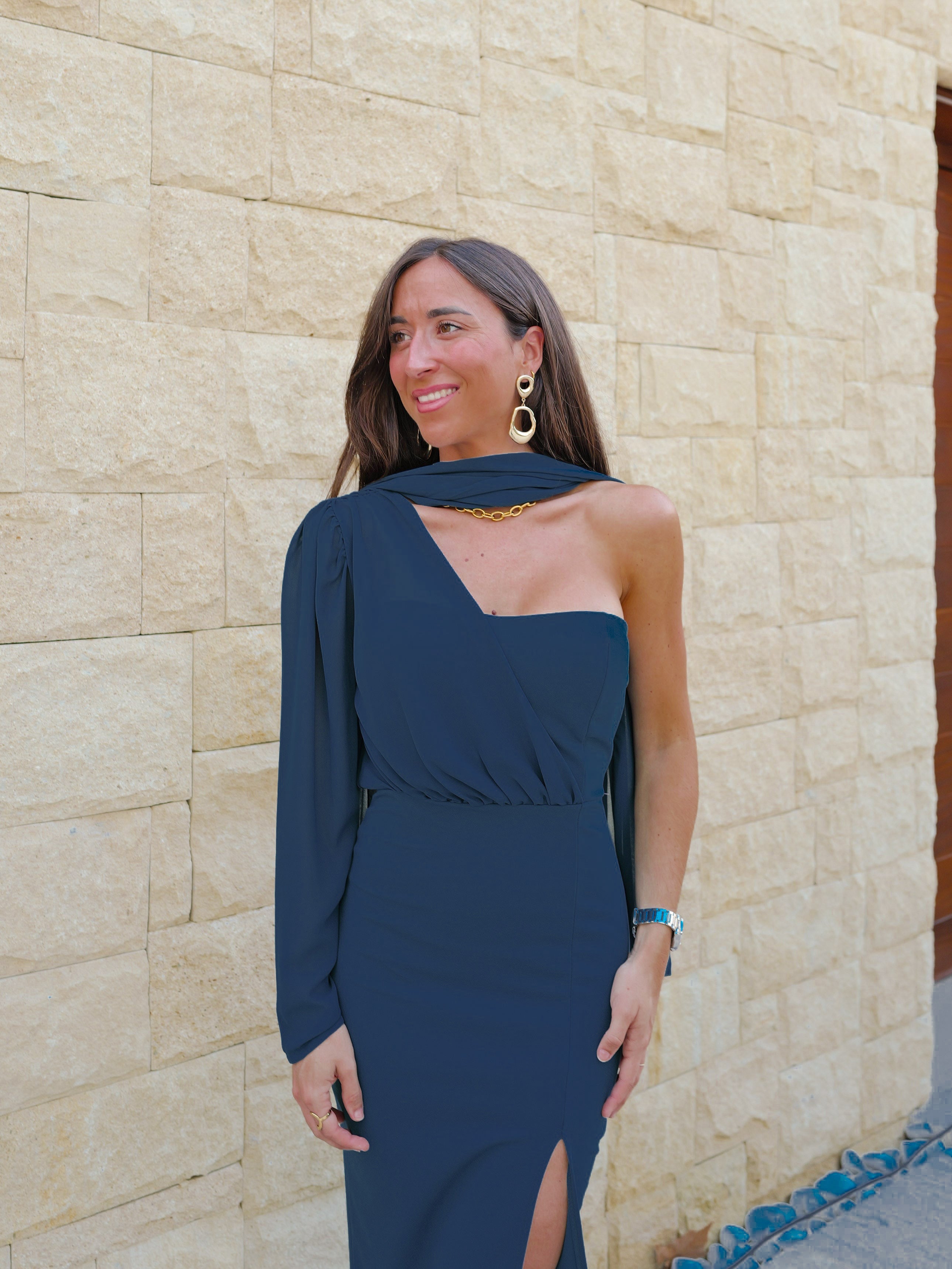 Navy tulle choker sleeve dress