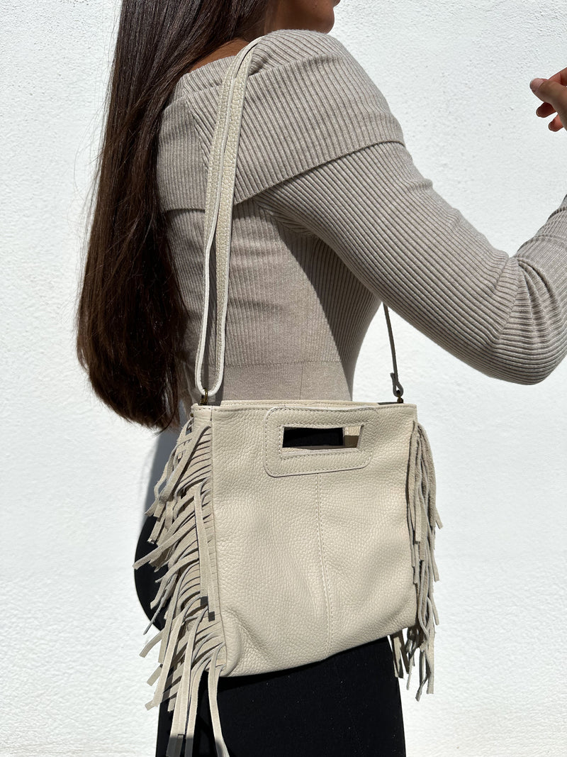 Cream fringed smooth leather bag