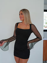 Mini dress with black tulle sleeves