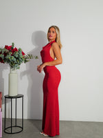 Long red lurex waterfall dress