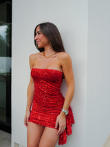 Red velvet ruffle glitter dress