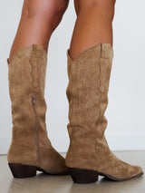 Beige suede cowboy boot