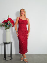 Red glitter waterfall midi dress