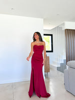 Corset dress with draped burgundy bands