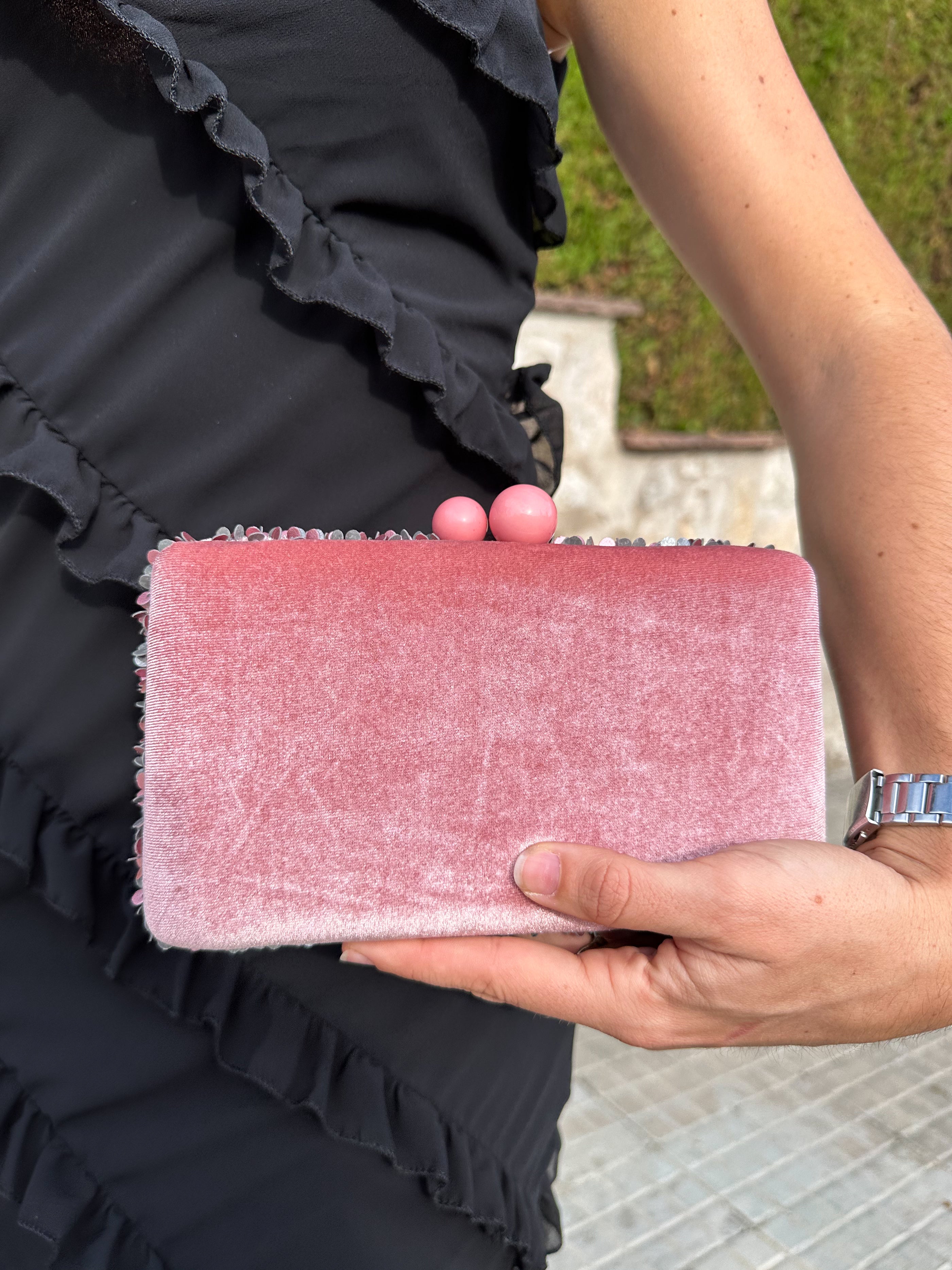 Pink glitter velvet clutch