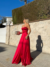 Red satin strapless dress