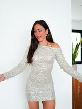 Vestido mini asimetrico glitter beige