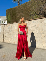 Red satin strapless dress