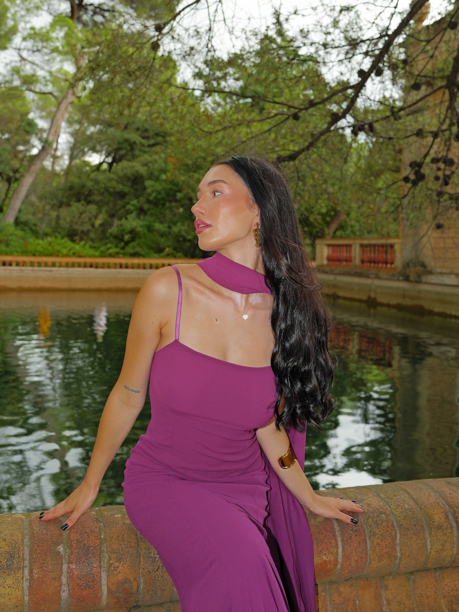 Aubergine georgette cape dress - SORELLAS