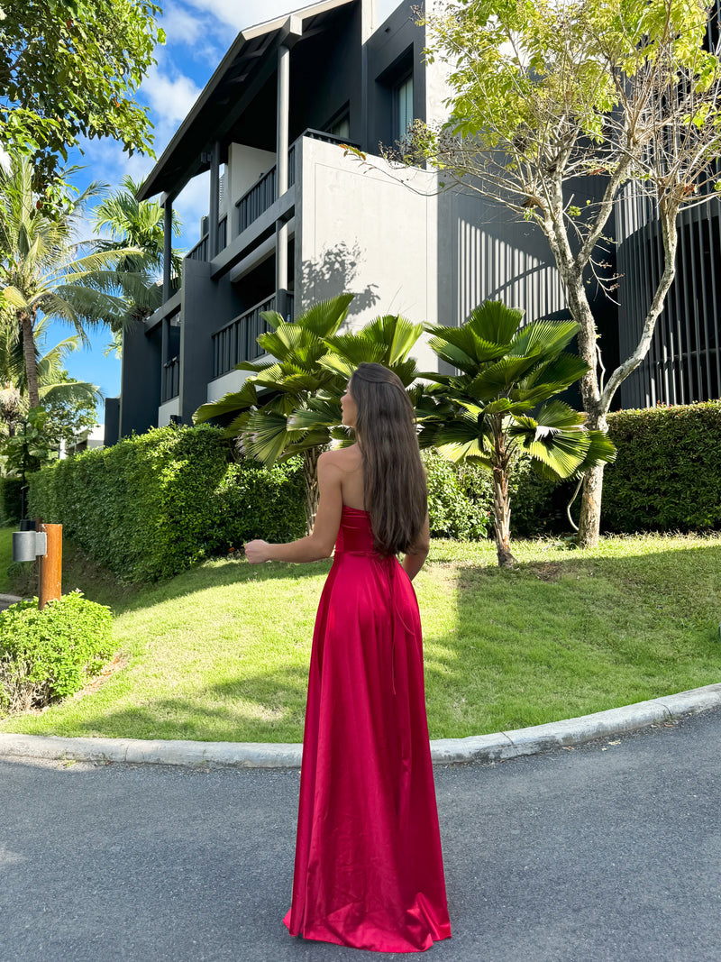 Red satin strapless dress