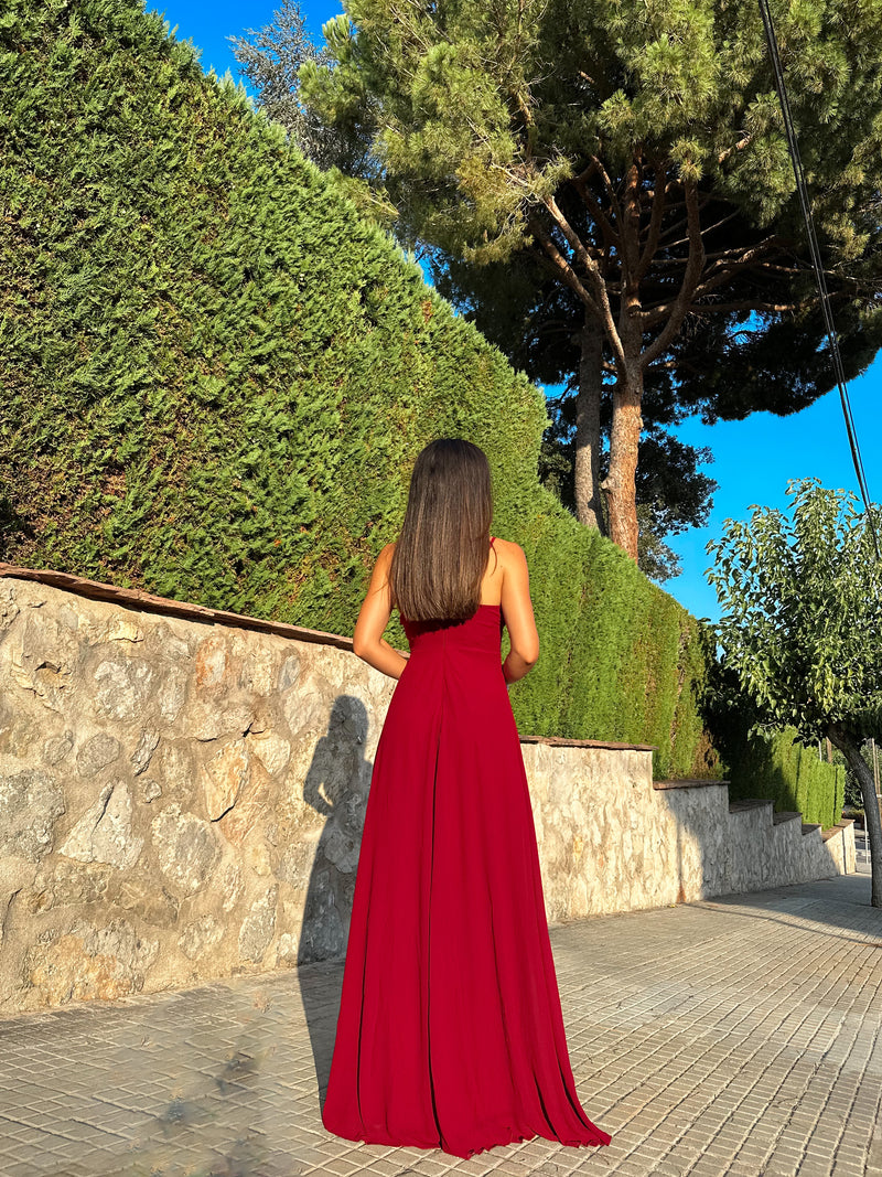 Burgundy crepe peak dress