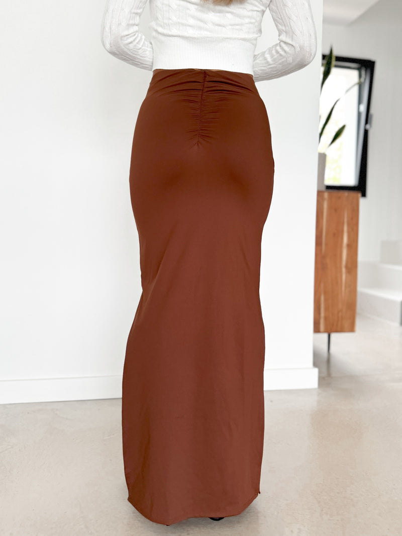 Long brown gathered skirt