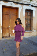 Lilac printed mini shoulder dress