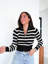 Black striped ribbed zipper sweater