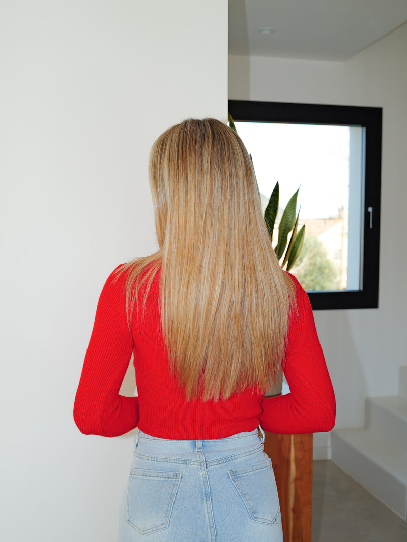 Square neckline red ribbed sweater