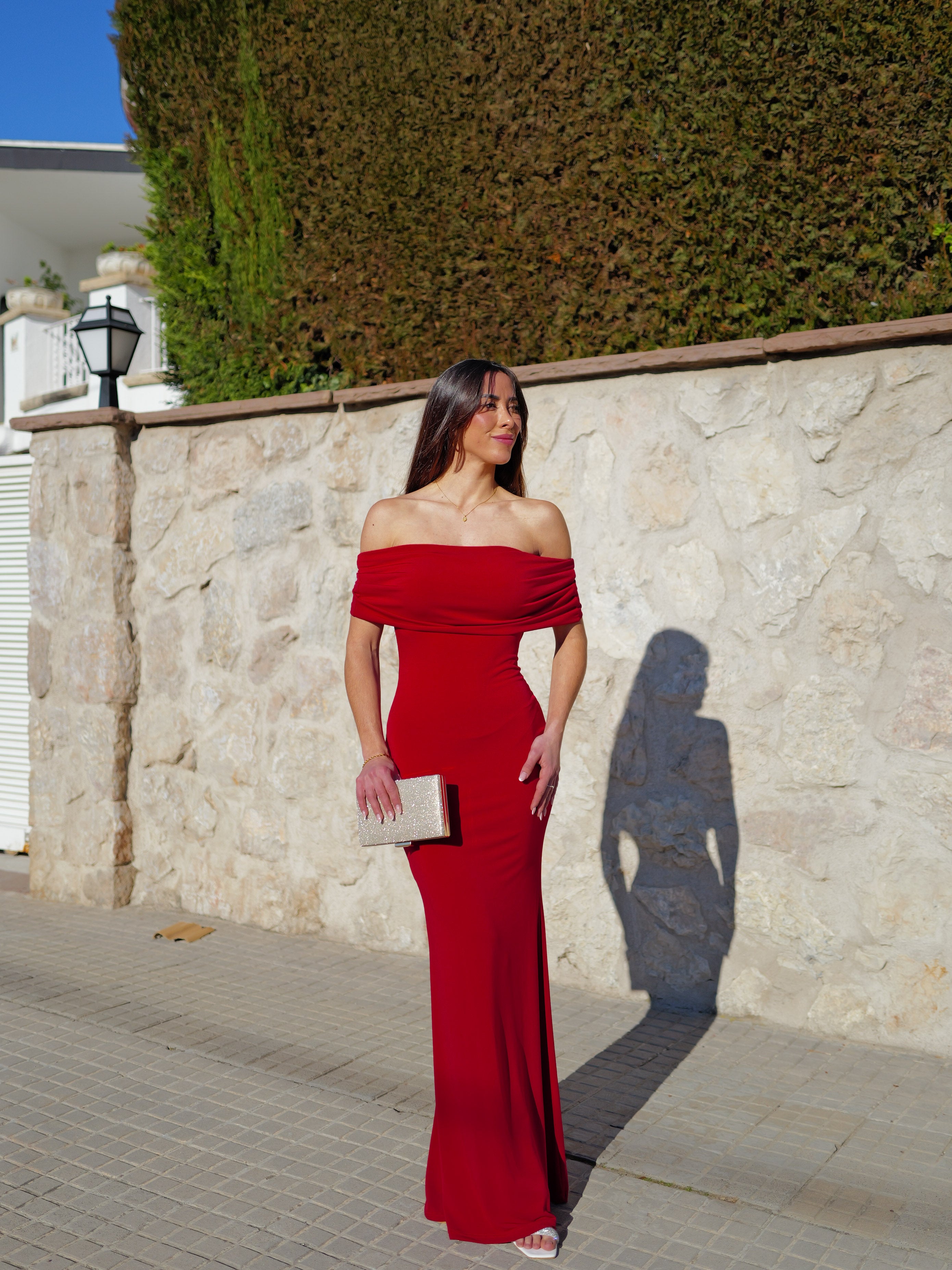 Burgundy back bardot dress