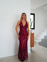 Burgundy long V-neck glitter dress