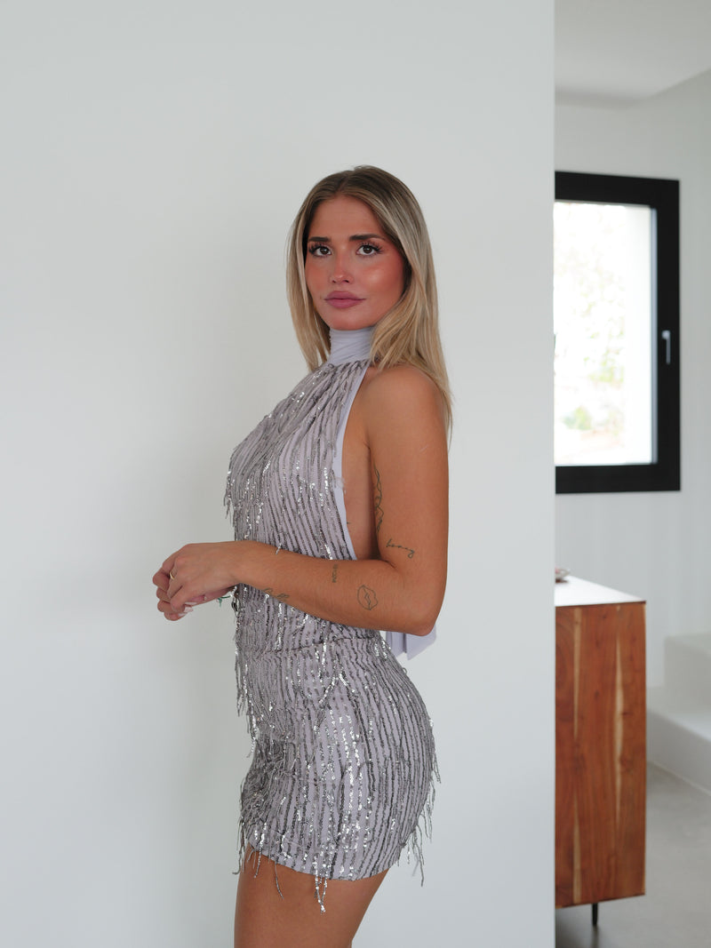 Silver fringed glitter mini dress