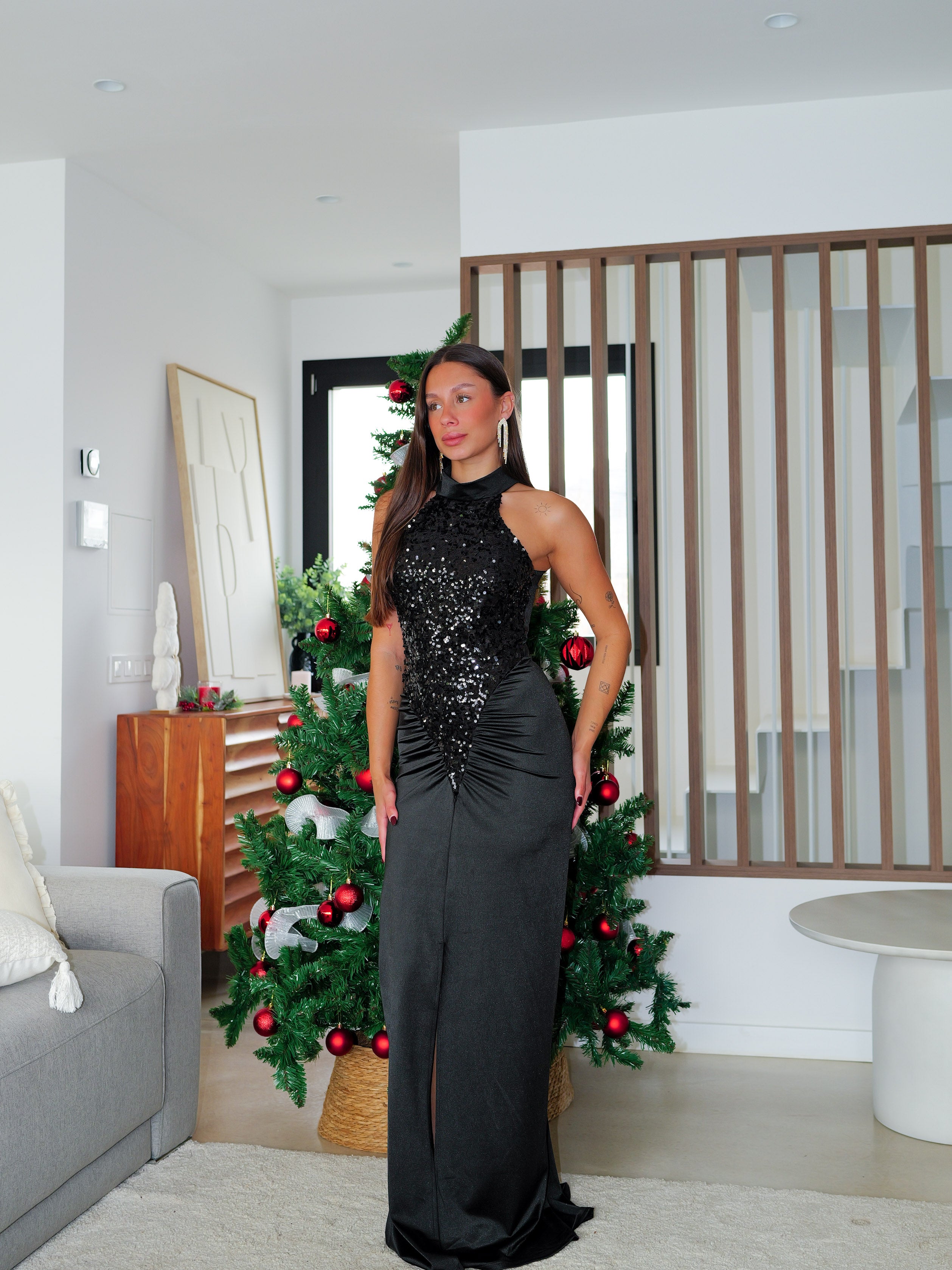 Black glitter halter neck long dress