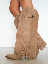 Taupe suede studded heeled ankle boot