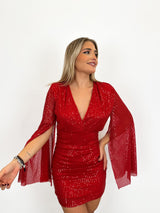 Red sleeves glitter dress