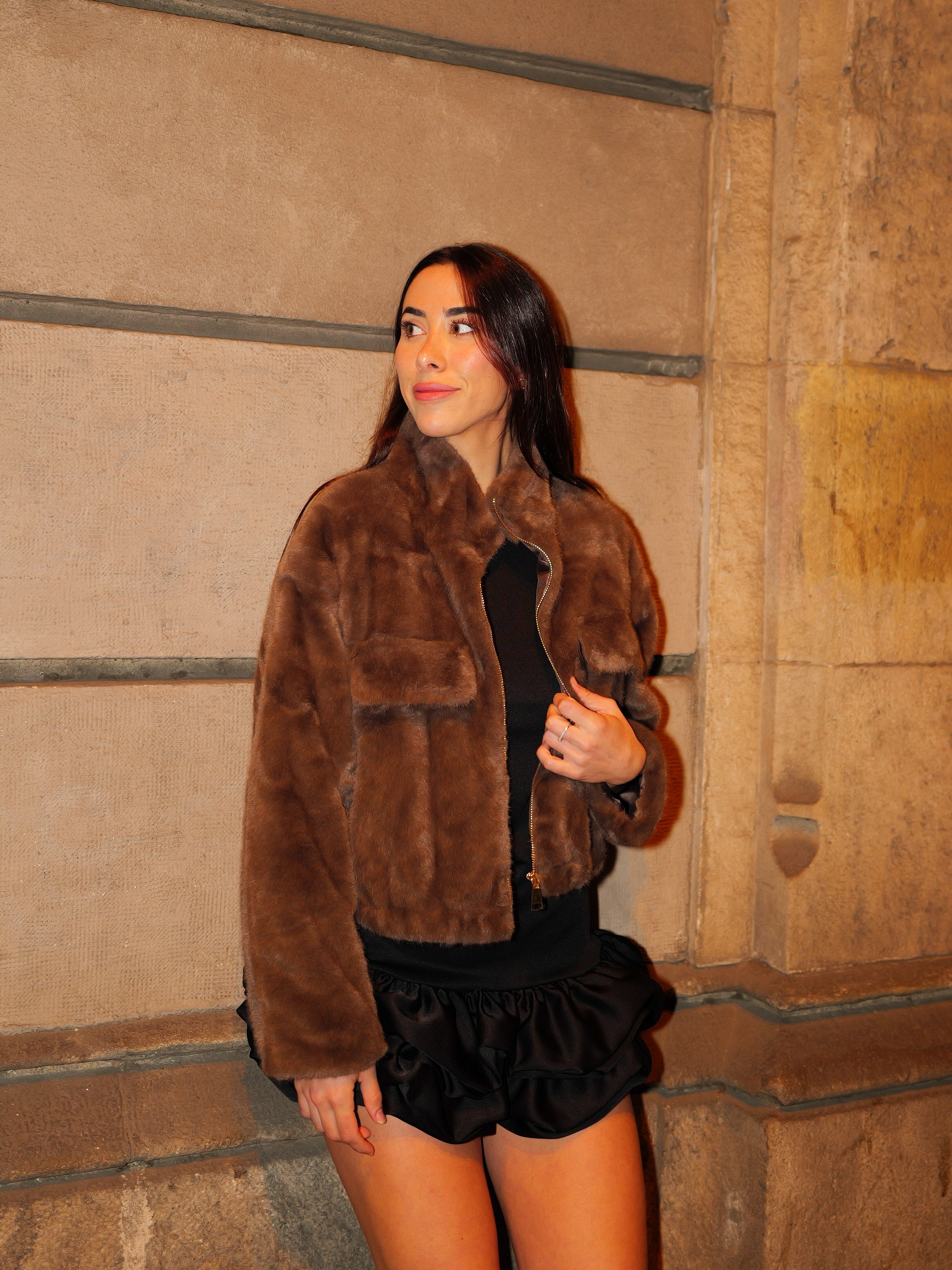 Chocolate fur zipper jacket