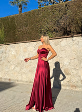 Burgundy satin strapless dress