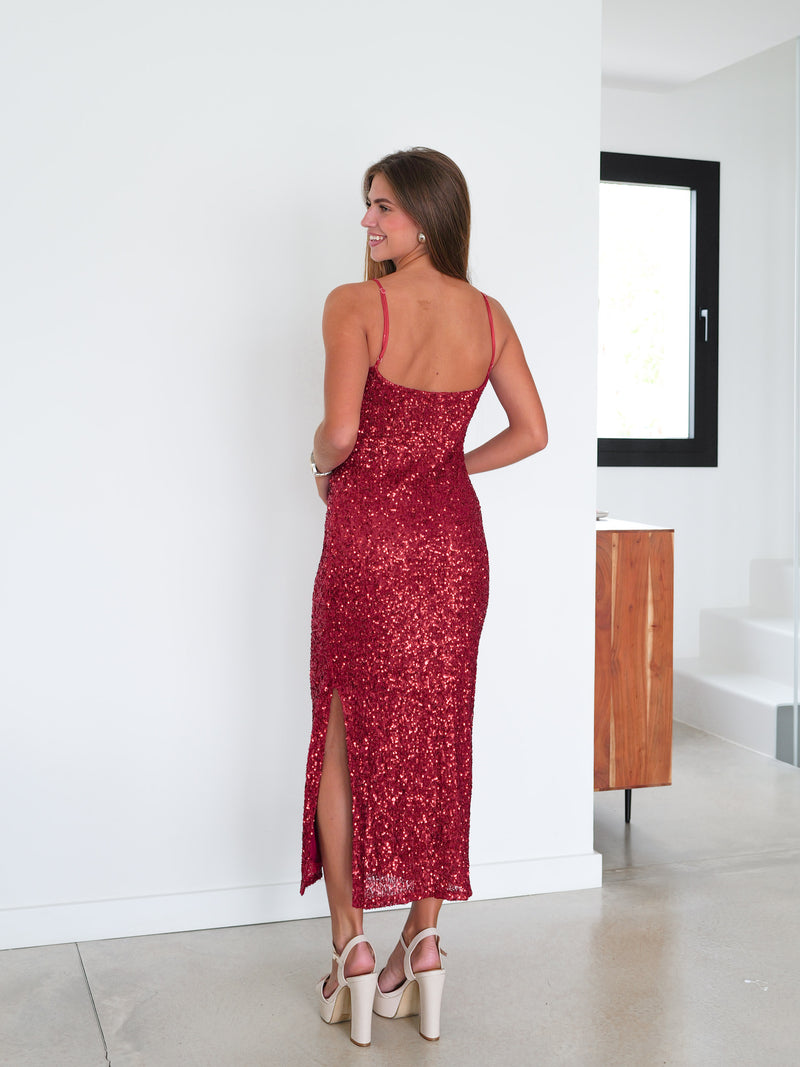 Red glitter waterfall midi dress