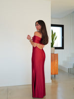 Burgundy satin bardot back dress