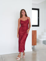 Red glitter waterfall midi dress