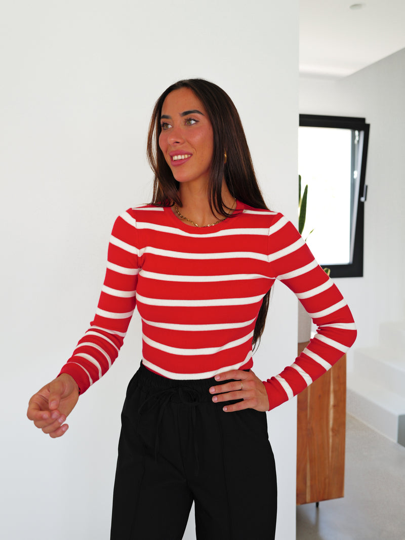 Red striped ribbed sleeve sweater