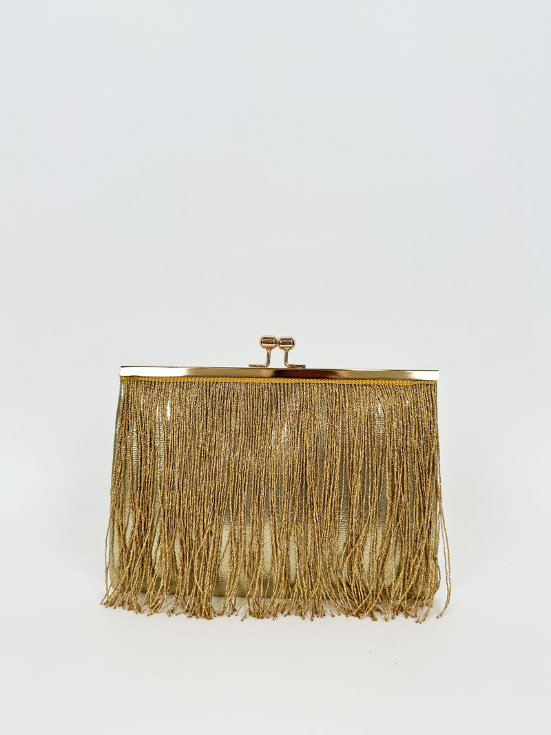 Gold fringed suede clutch