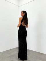 Black halter length glitter dress