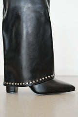 Black studded flap heel boot