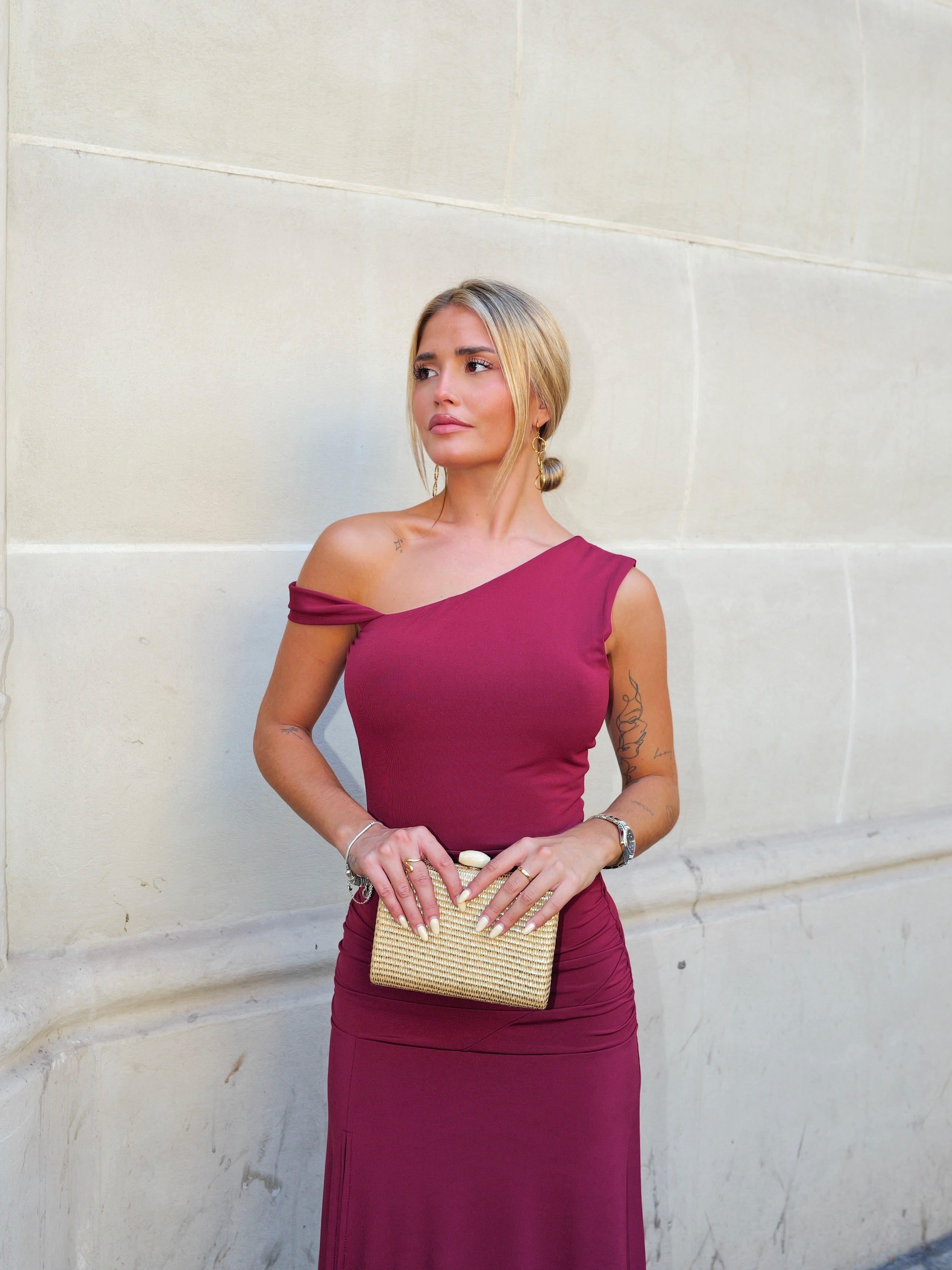 Asym bandeau sleeve dress burgundy