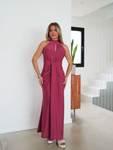 Lurex halter oval burgundy dress