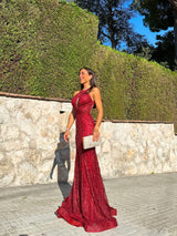 Back halter dress burgundy rhinestones