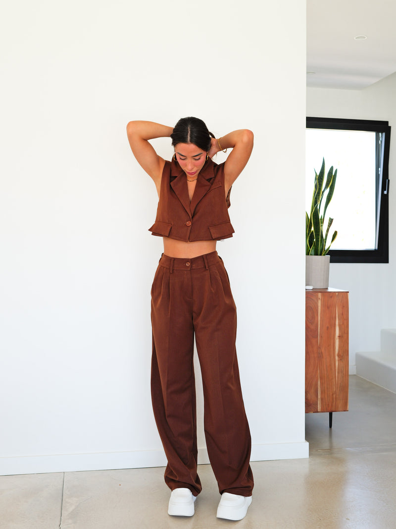 Brown cropped suit set