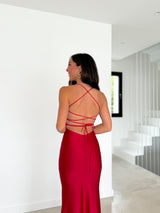 Red interlaced satin peak dress