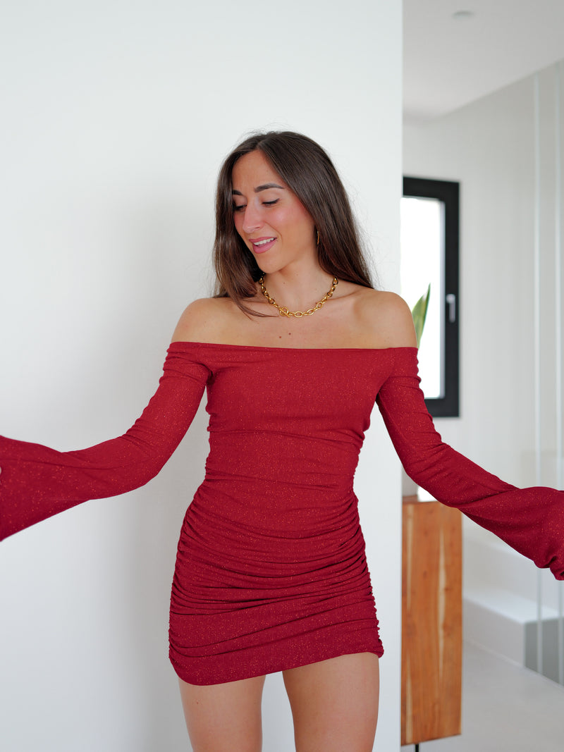 Mini lurex dress burgundy bell sleeves