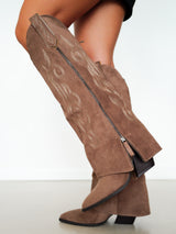 Brown embroidered suede flap boot