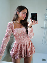 Pink sequin velvet pompom dress