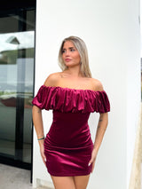 Burgundy mini velvet pompom dress