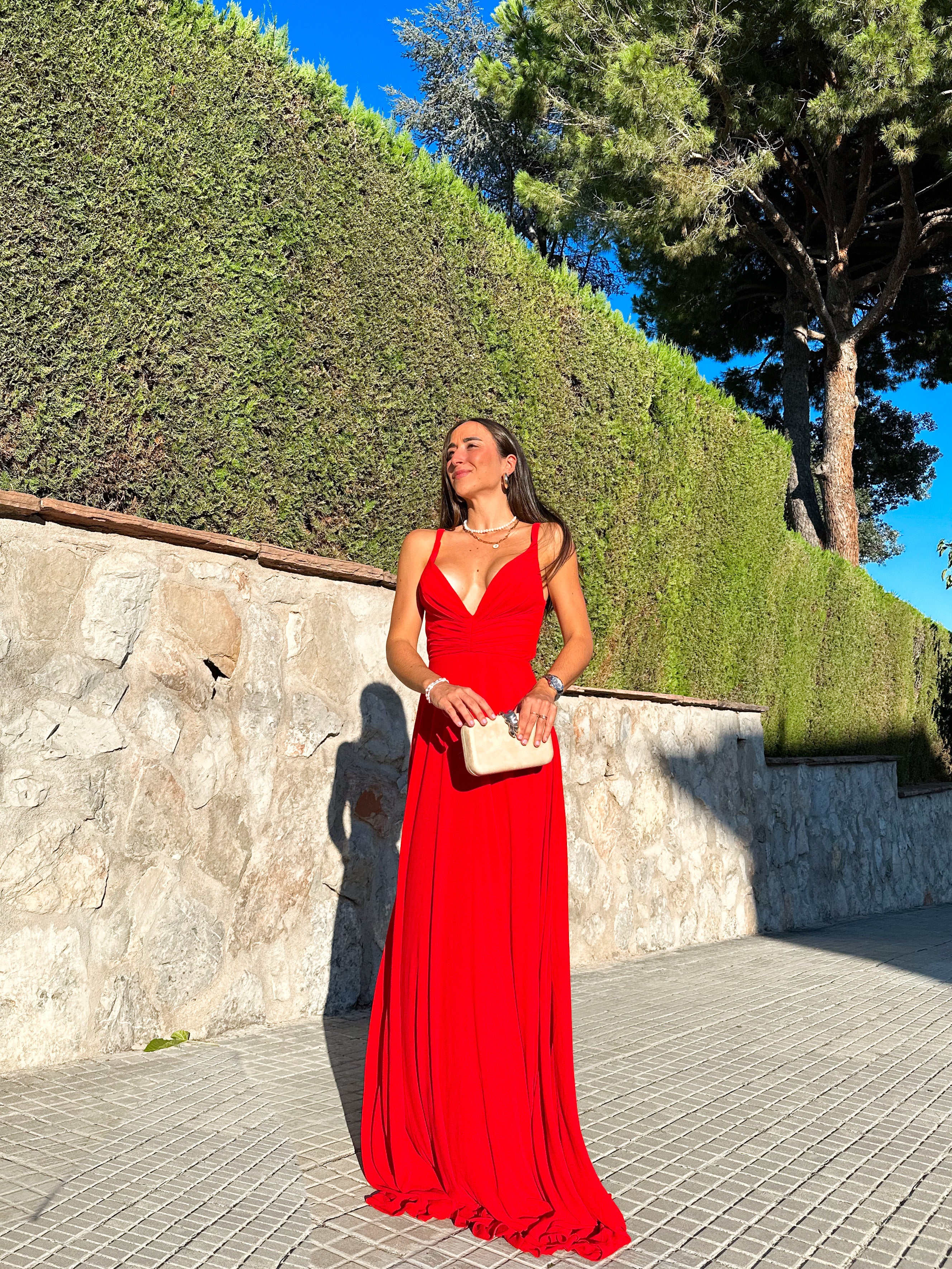 Red crepe V-neck dress